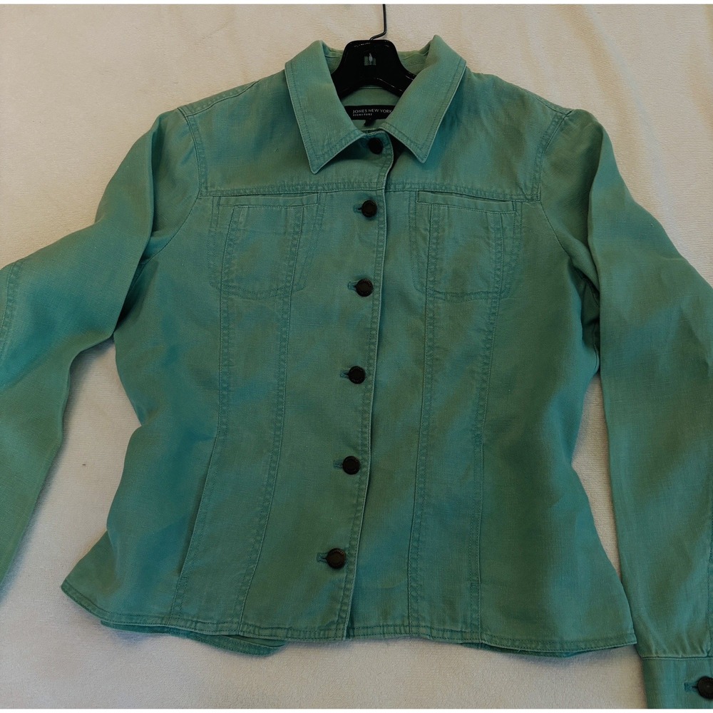 Jones & Co 100% Linen Jones New York Trucker Jacket Large Green Layering piece